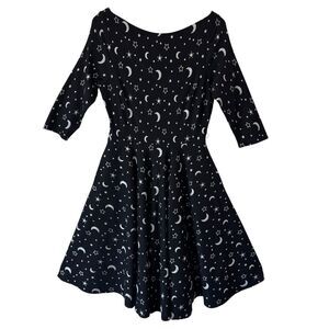 Unique Vintage Devon Swing Dress Black Celestial Moon Stars Halloween Retro S/M